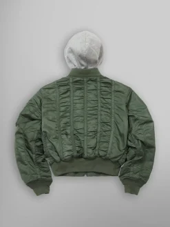 ALPHA X MADEME HOODED RUCHED MA-1 BOMBER JACKET