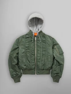 ALPHA X MADEME HOODED RUCHED MA-1 BOMBER JACKET