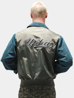 DENIM RELAXED MIXED MEDIA FLIGHT JACKET