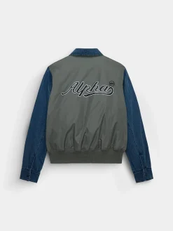 DENIM RELAXED MIXED MEDIA FLIGHT JACKET